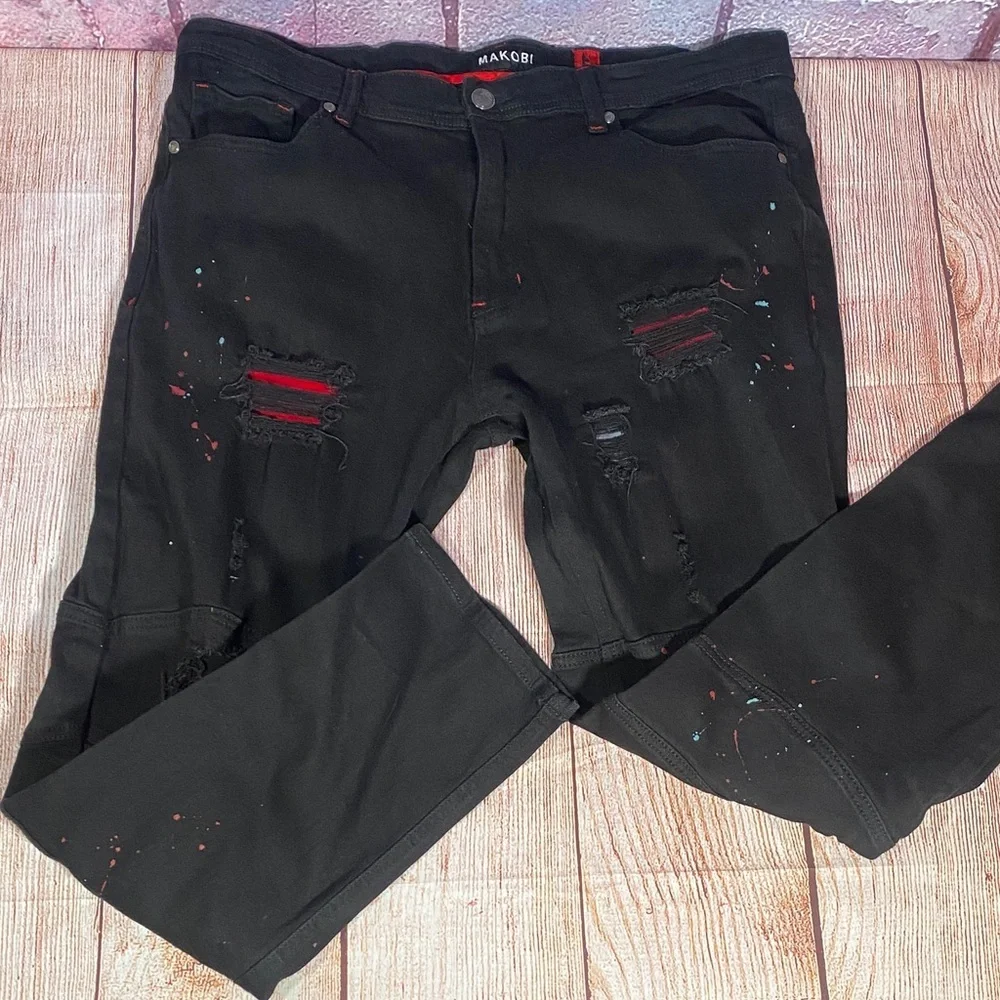Makobi Distressed Paint Splatter Black Jeans Men’s 40x32 Streetwear Denim - Picture 12 of 13